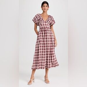 [NWT] $118 EN SAISON Colebee Plaid Puff Sleeve Midu Dress in Red. Size Small